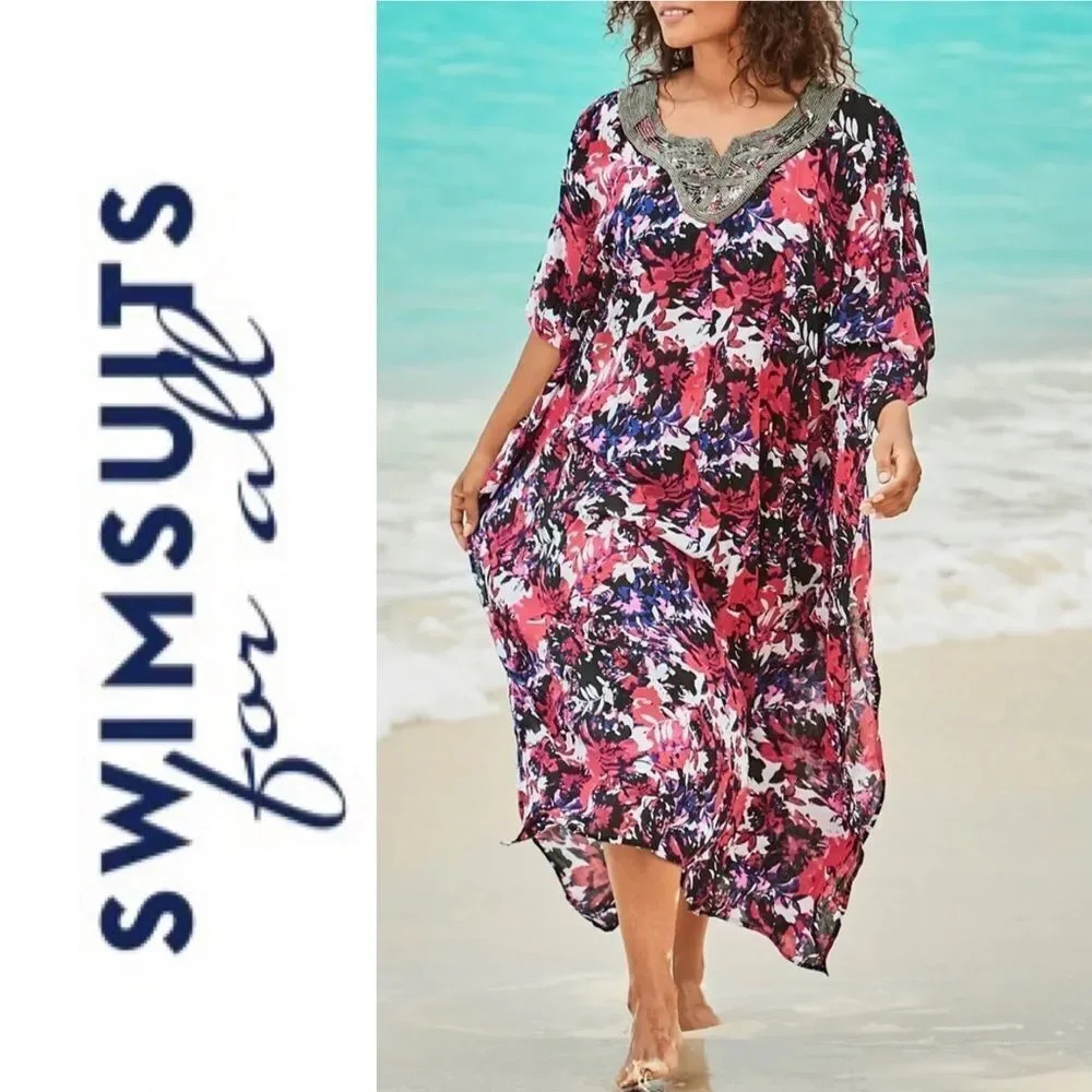 Swimsuits For All | Kaftan Cover Up Beaded Neckline Floral